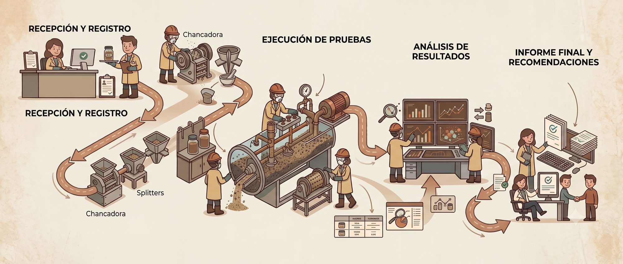 Flujo de proceso de pruebas metalúrgicas: recepción y registro de muestras, preparación mecánica con chancadora y splitters, ejecución de pruebas de flotación, análisis de resultados e informe final.